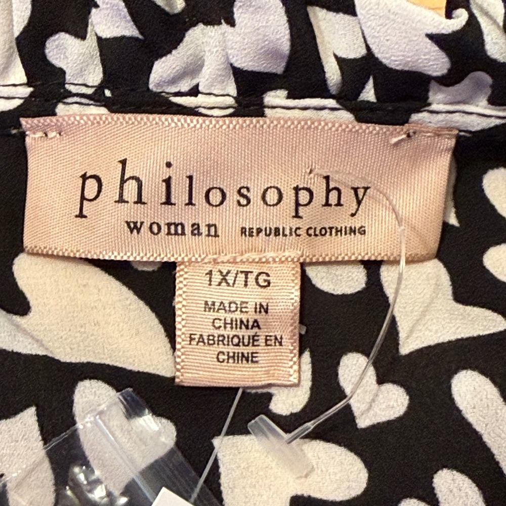 Philosophy‎ Woman Black White All Hearts Ruffle Neck Bishop Sleeve Blouse Top 1X - Picture 5 of 8